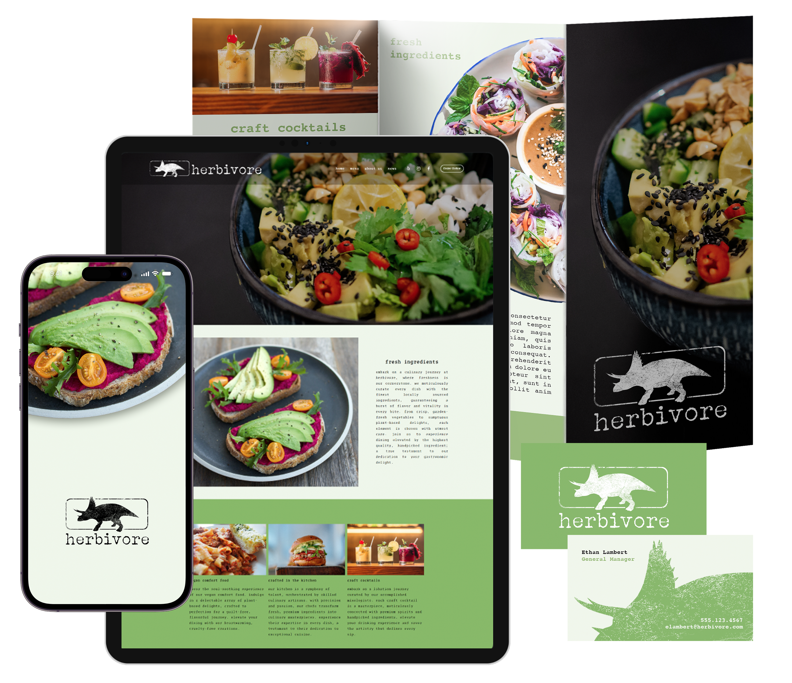 Graphic of mobile app, website on table, and print branding